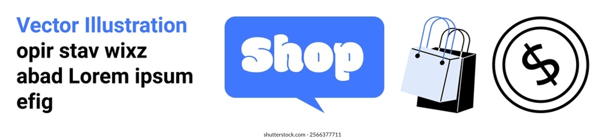 Speech bubble with the word Shop, an image of shopping bags, and a dollar sign in a circle. Ideal for e-commerce, retail, sales promotion, online shopping, and marketing. Landing page