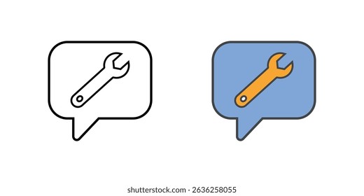 Burbuja de voz con el ícono de llave inglesa en estilos de contorno y color, símbolo de Vector que representa la comunicación de Asistencia técnica, solución de problemas a través de chat o asistencia basada en mensajería.