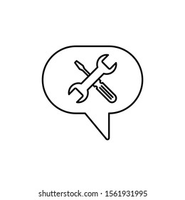 Speech bubble with wrench and screwdriver icon. Outline thin line flat illustration. Isolated on white background. 