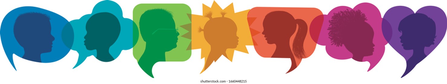 Speech bubble.Multicultural kindergarten.Silhouette group of modern children in rainbow colored profile.Communication between multi-ethnic children.Children talking.Globalization