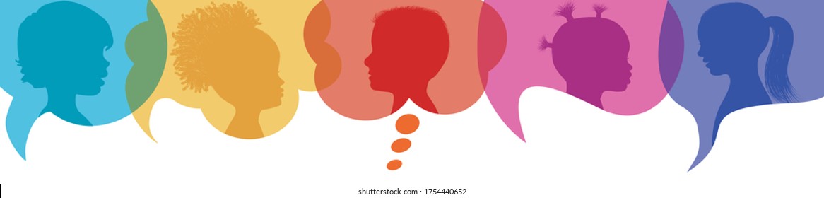 Speech bubble.Multicultural kindergarten.Silhouette group of modern children in rainbow colored profile.Communication between multi-ethnic children.Children talking.Globalization