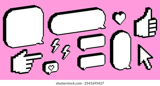 Speech bubbles. 3d pixel art style. Y2k trendy stickers for collage, poster. Empty. Modern shape for chat, text message, dialog, talk and questions. Retro dialogue box. Futuristic vector element