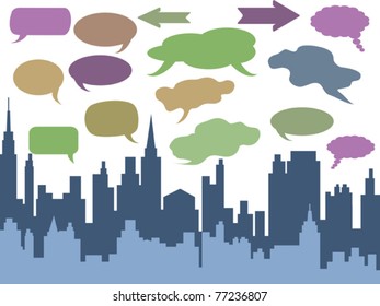 speech bubbles above the city