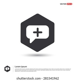 Speech bubbles with add icon - abstract logo type icon - hexagon black background. Vector illustration
