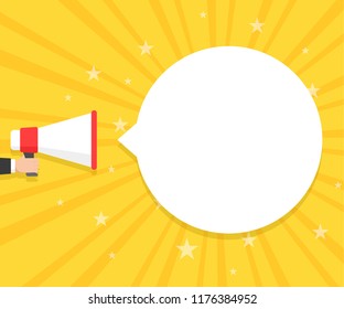 Speech bubbles announced by megaphone,flat vector illustration background.