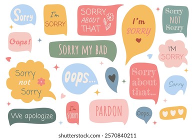 Speech bubbles with apologetic quotes. Sorry stickers set. World Forgiveness Day. Apology Messages. Set of hand drawn vector illustrations on white background