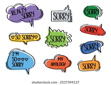 Speech bubbles with apologies, sorry, different shapes and colors. vector illustration of speech bubbles, apologies concept, eps 10