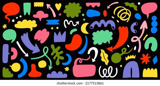 Speech bubbles, arrows and abstract colored shapes collection. Doodle conversation, think clouds. Symbol set.