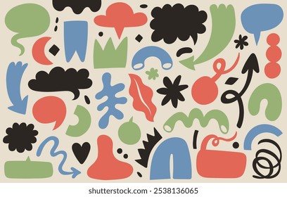 Burbujas de discurso, flechas y Formas abstractas de colores colección. Conversación Doodle, piensa en nubes. Conjunto de símbolos.