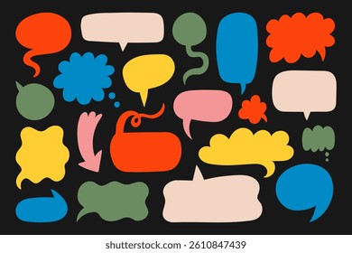 Speech bubbles, arrows and abstract colored shapes collection. Doodle conversation, think clouds. Hand-drawn symbol set.