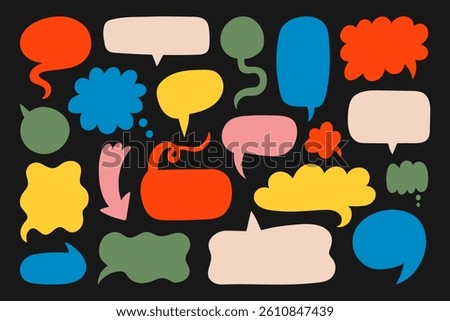 Speech bubbles, arrows and abstract colored shapes collection. Doodle conversation, think clouds. Hand-drawn symbol set.
