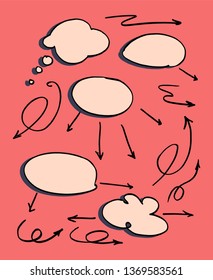 Speech bubbles and arrows drawn by hand set. vector illustration cartoon style on a pink background