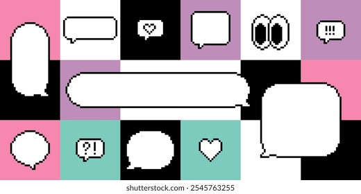 Speech bubbles background in pixel art. Communication concept. Empty pixelated dialogue box. Different messages temlate design. Retro game style shape for chat, text message, dialog, conversation