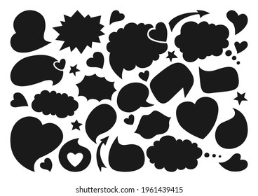 Speech bubbles blank empty flat cartoon set, black silhouette. Speech thought blobs comics, balloon chat love banner. Comic design elements dialog clouds icon. Blank apps, website. Vector illustration