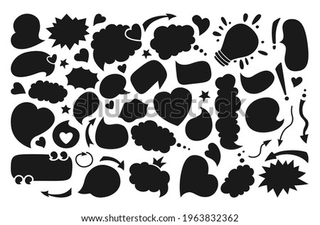 Speech bubbles blank empty flat cartoon set, black silhouette. Speech thought blobs comics, balloon chat banner. Comic design elements dialog clouds icon. Blank apps and website. Vector illustration