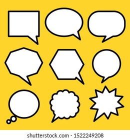 speech bubbles. blank white cartoon text boxes with black frame isolated on yellow background. vector illustration 