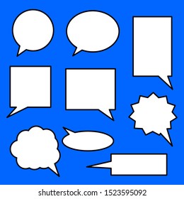 speech bubbles. blank white cartoon chat boxes with black frame isolated on blue background. vector illustration 