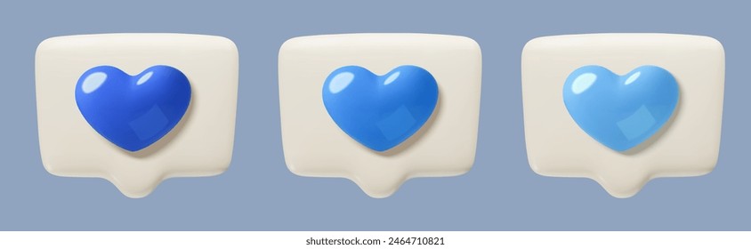 Burbujas de voz con corazones azules 3d iconos vectoriales. Amor o como emoji de plástico tridimensional aislado sobre fondo blanco. 