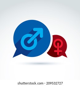 Speech bubbles with blue male and red female signs, gender symbols. Husband and wife conceptual icon Ã?Â¢?? chat between a love couple, relationship concept. 