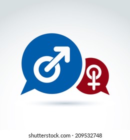 Sprechblasen mit blauen männlichen und roten weiblichen Zeichen, Geschlechtsymbole. Ehemann und Ehefrau konzeptuelle Icon Ã?Â Â™? Chat zwischen einem Liebespaar, Beziehungskonzept. 