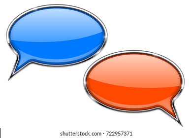 Speech bubbles. Blue and orange 3d icons with metal border. Vector illustration isolated on white background