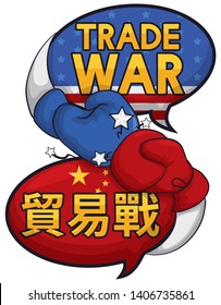 Speech bubbles and boxing gloves fighting representing the Trade War (written in Chinese calligraphy) between American and Chinese powers.