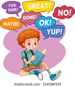 Speech bubbles with boy reading book illustration