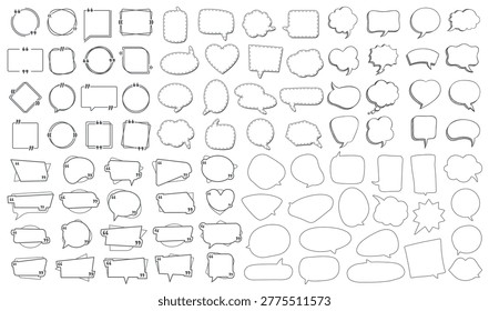 Speech bubbles and callouts doodle set. Thought clouds, dialog words and talk balloons for retro sticker. Vector collection of monochrome outlines isolated illustration elements for quote badges.