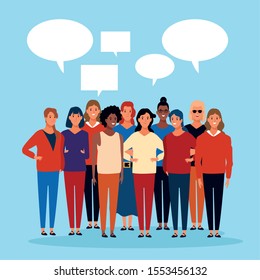 speech bubbles and cartoon crowd people standing over blue background, colorful design. vector illustration