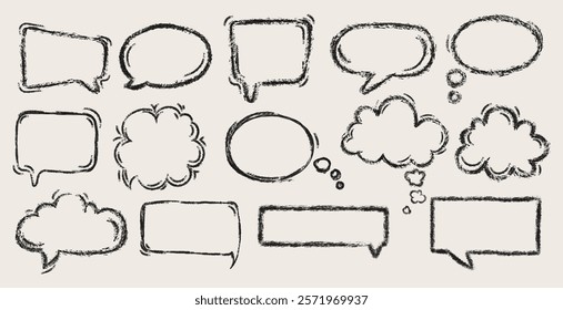 Speech bubbles Charcoal pencil drawing sketches set of different shapes.Crayon handwritten speech bubble doodles set. Speech sign dialog communication shapes. Funky grunge style.Vector illustration