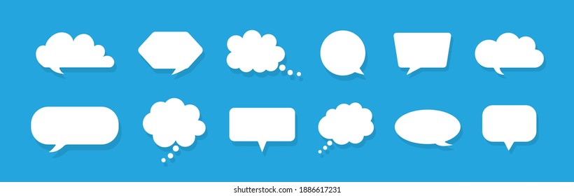 Speech bubbles. Chat icons for thought and speech. White clouds for comment on blue background. Balloons for speak, dialog and text. Cartoon icons for message and announcement in flat style. Vector.