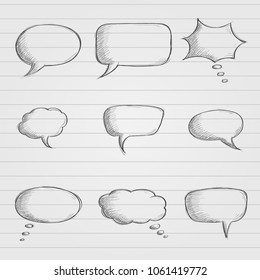 Speech bubbles. Chat symbols on lined paper. Black hand drawn sketch in grunge style. Vector illustration
