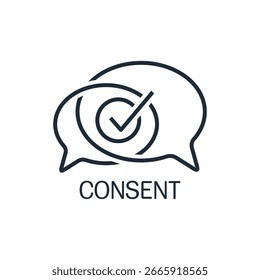 Bolhas de fala e marca de seleção. Consentimento. Ilustração de ícone linear de vetor isolada no fundo branco.