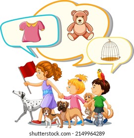 Burlas de voz con niños e ilustración de mascotas