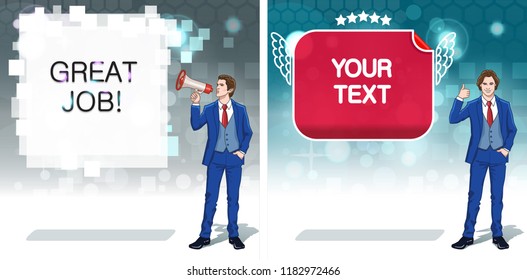 Speech bubbles clipart. Advertisement concept. Announce banner template. Business invitation cards. Colorful cartoon characters. Vector illustration. 