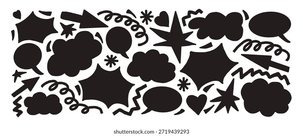 Bolhas de fala, nuvens, silhuetas de pancada recortes de papel fundo. Figuras de rabiscar preto de forma livre set.Arrow, estrelas, nuvem, caixa de texto de diálogo, rabiscos de coração. Ilustração geométrica abstrata do vetor.