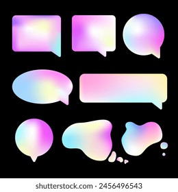 Speech bubbles Collection in Y2K style. Chat dialogue text. Modern holographic design with colorful gradients .Speech bubble shaped banners, price tags, stickers, posters, badges.Vector illustration