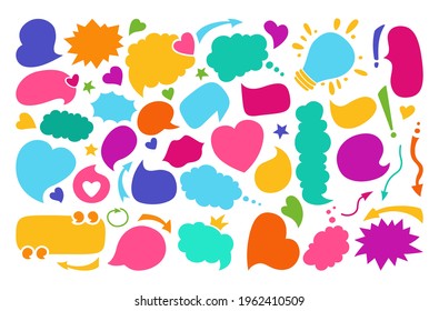 Speech bubbles color empty flat cartoon set. Speech thought blobs comics, balloon chat multicolored banner. Comic design elements dialog clouds icon. Blank apps and website. Vector illustration