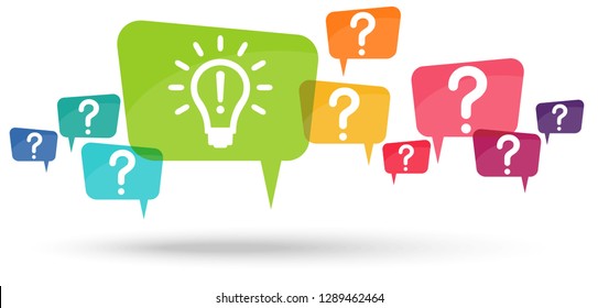 speech bubbles with colored question marks and with green light bulb symbolizing idea or solution