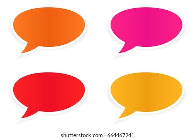 Speech bubbles. Colored sticker labels with white border and transparent shadow. Vector illustration isolated on white background