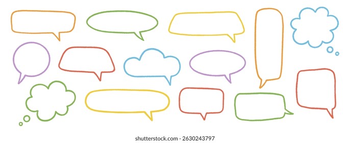 Bolhas de fala, conjunto de giz de cera colorido. Caixas de pensamento Chalk Talk. Quadros de bate-papo desenhados à mão, estilo infantil de doodle. Nuvens de balão de diálogo. Desenho a lápis, elementos sobre fundo branco. Ilustração vetorial