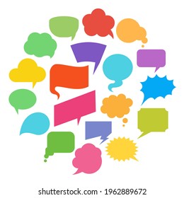 Speech bubbles colorful flat icon set. Blank design elements for comic book, chat comment, text message, idea thought, discussion. Speak balloon shapes, talk clouds, cartoon think banner, note label