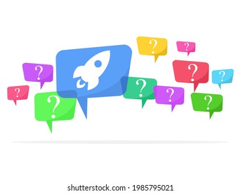 Speech bubbles with colorful question marks and problem solving initiative rocket