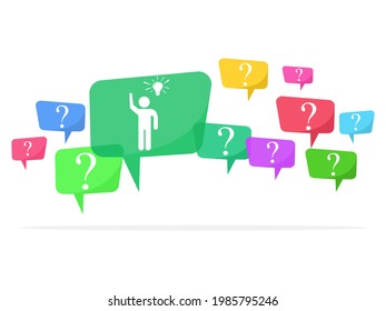 Speech bubbles with colorful question marks and problem solvers