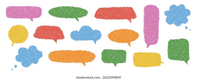 Bolhas de fala сconjunto colorido de raiom. Caixas de pensamento texturizadas com giz grunge. Quadros de bate-papo de estilo desenhado à mão. Nuvens de balão de diálogo. Desenhos a lápis, elementos sobre fundo branco. Ilustração vetorial