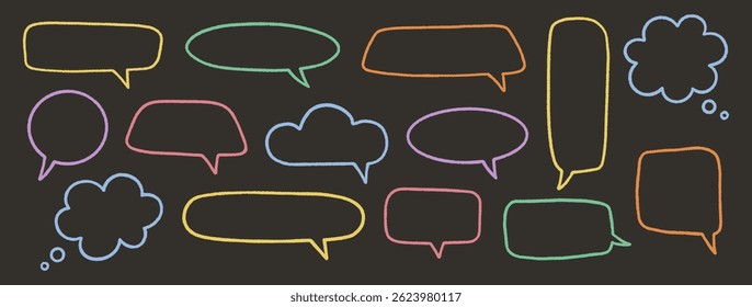 Speech bubbles, colorful сrayon set. Chalk talk thought boxes. Line hand drawn chat frames, kid doodle style. Dialogue balloon clouds. Pencil drawing, elements on black background. Vector illustration