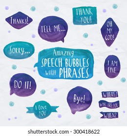 Speech Bubbles Colorful set icons with short phrases on light background
