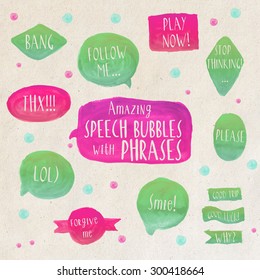 Speech Bubbles Colorful set icons with short phrases on light background
