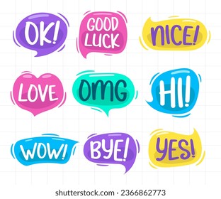 Speech bubbles colorful sticker vector collection. ok, hi, good luck, omg, yes, love, bye, nice, wow.
