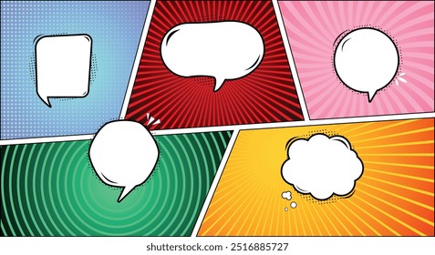 Speech bubbles comic panels in various colors and angles.